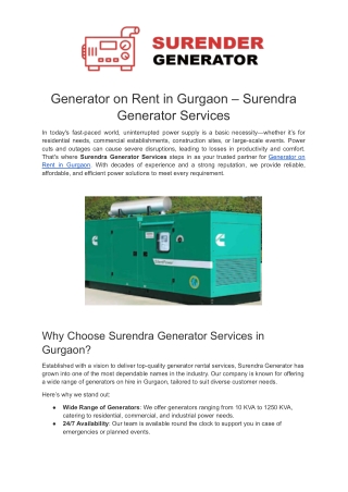 Generator on Rent in Gurgaon – Surendra Generator Services