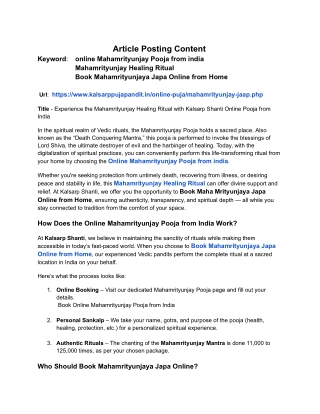 Experience the Mahamrityunjay Healing Ritual with Kalsarp Shanti Online Pooja from India