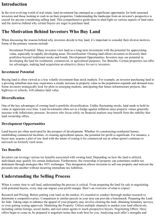 We Buy Land: Understanding the Investor's Perspective