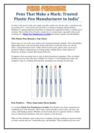 Top Plastic Pen Manufacturer in India | Pens Pendrive