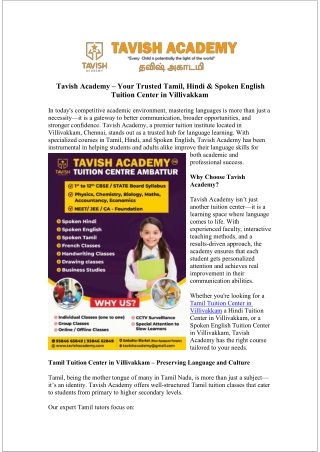 Learn Tamil at Tamil Tuition Center in Villivakkam Easily