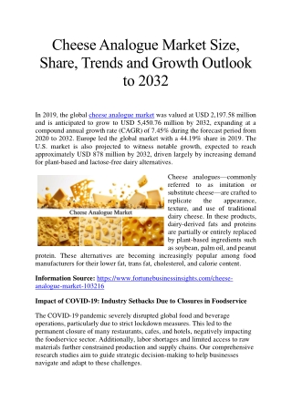Cheese Analogue Market Size, Share, Strategic Insights and Global Forecast by 20