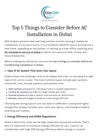 Top 5 Things to Consider Before AC Installation in Dubai