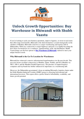 Buy Warehouse in Bhiwandi – Trusted by Businesses, Delivered by Shubh Vaastu
