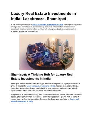 Luxury Real Estate Investments in India_ Lakebreeze, Shamirpet