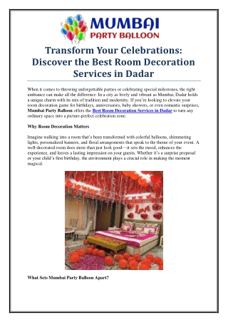 Mumbai Party Balloon – Best Room Decoration Services in Dadar for Every Occasion