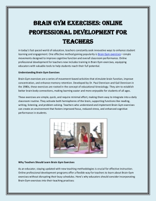 Brain Gym Exercises Online Professional Development for Teachers