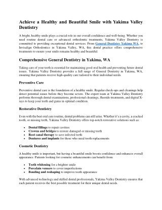 Achieve a Healthy and Beautiful Smile with Yakima Valley Dentistry