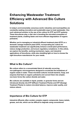 Enhancing Wastewater Treatment Efficiency with Advanced Bio Culture Solutions