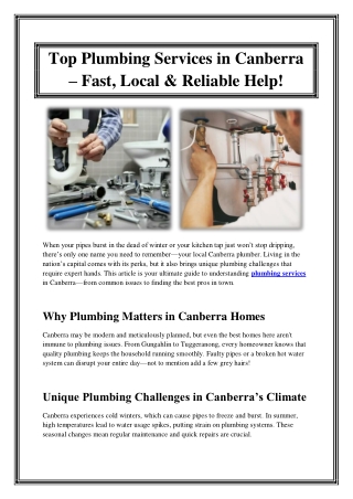 Top Plumbing Services in Canberra – Fast, Local & Reliable Help!