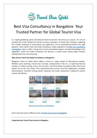 Best Visa Consultancy in Bangalore Your Trusted Partner for Global Tourist Visa