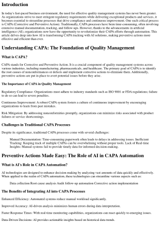 Preventive Actions Made Easy: The Role of AI in CAPA Automation