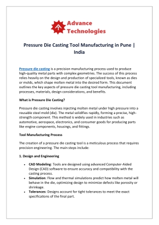 Pressure Die Casting Tool Manufacturing