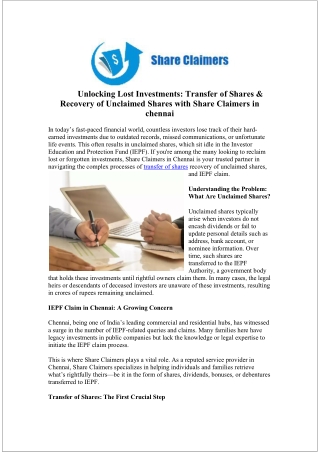 IEPF Claim Services in Chennai for Smooth Asset Recovery