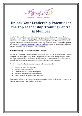 Leadership Top Leadership Training Centre in Mumbai with Management Me
