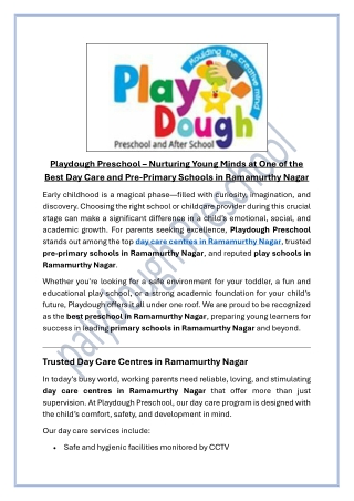 Playdough Preschool Nurturing Young Minds at One of the Best Day Care and Pre-Primary Schools in Ramamurthy Nagar