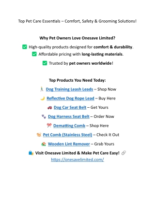 Top Pet Care Essentials – Comfort, Safety & Grooming Solutions!