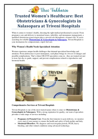 Expert Obstetricians & Gynecologists in Nalasopara | Triveni Hospitals