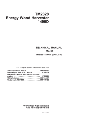 John Deere 1490D Energy Wood Harvester Service Repair Manual Instant Download (tm2328)