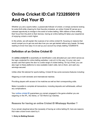 Online Cricket ID_Call 7232850019 And Get Your ID