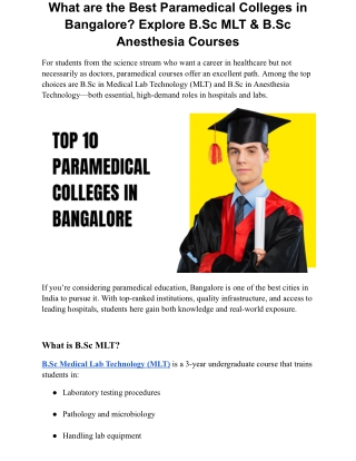 What are the Best Paramedical Colleges in Bangalore