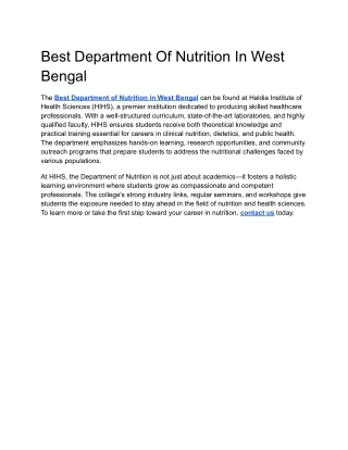 Best Department Of Nutrition In West Bengal