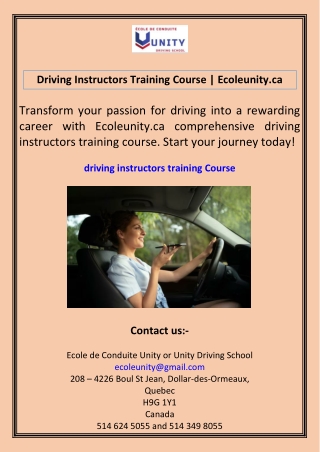 Driving Instructors Training Course Ecoleunity.ca