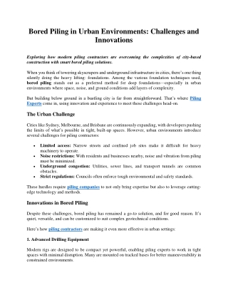 Bored Piling in Urban Environments: Challenges and Innovations