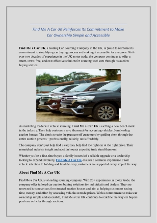 Find Me A Car UK Reinforces Its Commitment to Make Car Ownership Simple and Accessible