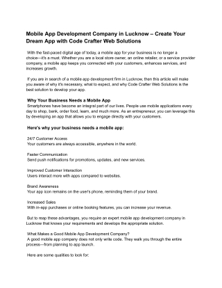 Mobile App Development Company in Lucknow – Create Your Dream App with Code Crafter Web Solutions