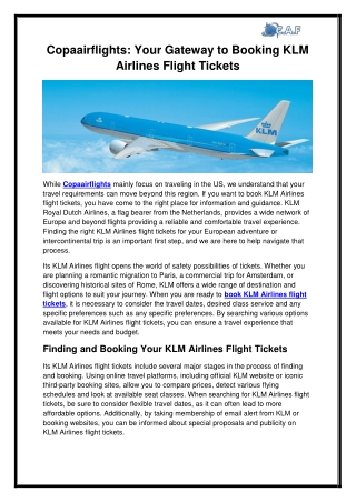 Copaairflights Your Gateway to Booking KLM Airlines Flight Tickets