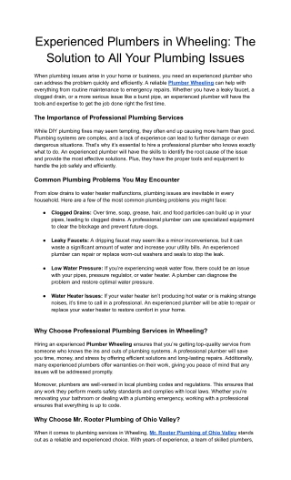 Get Fast & Professional Service with Mr. Rooter Plumbing of Ohio Valley