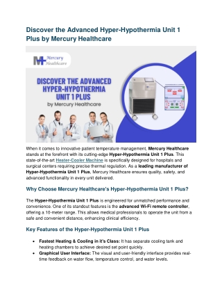 Discover the Advanced Hyper-Hypothermia Unit 1 Plus by Mercury Healthcare