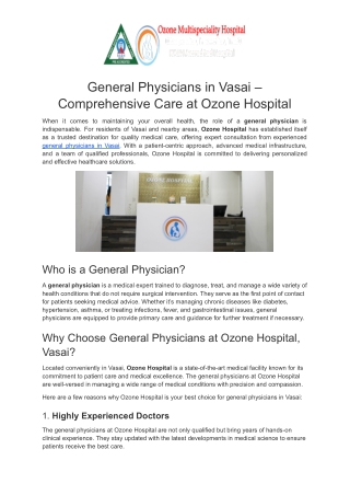 General Physicians in Vasai – Comprehensive Care at Ozone Hospital