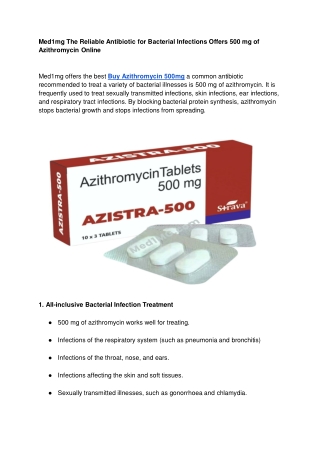 Med1mg The Reliable Antibiotic for Bacterial Infections Offers 500 mg of Azithromycin Online