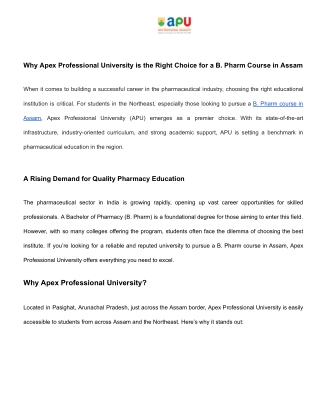 Why Apex Professional University is the Right Choice for a B. Pharm Course in Assam