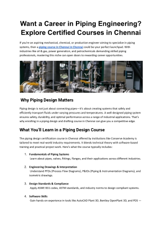 Piping Design and Drafting Course in Chennai – Learn from Experts