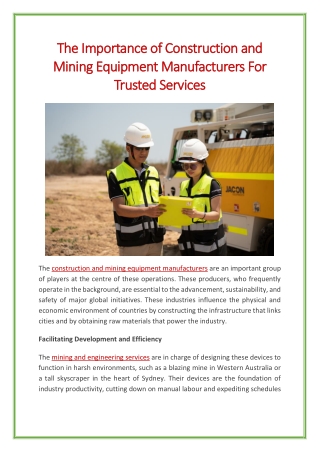 The Importance of Construction and Mining Equipment Manufacturers For Trusted Services