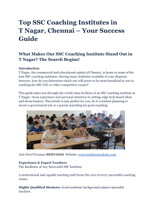 Ssc Coaching Centre In t nagar - weshine academy