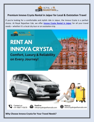 Premium Innova Crysta Rental in Jaipur for Local & Outstation Travel