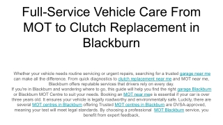 Full-Service Vehicle Care From MOT to Clutch Replacement in Blackburn