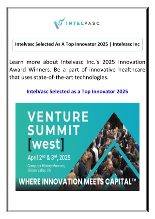 Intelvasc Selected As A Top Innovator 2025  Intelvasc Inc
