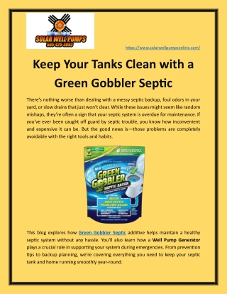 Keep Your Tanks Clean with a Green Gobbler Septic
