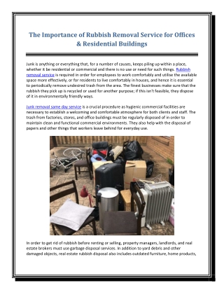 The Importance of Rubbish Removal Service for Offices & Residential Buildings