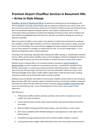 Reliable Chauffeur Services in Beaumont Hills – Travel Comfortably and On Time