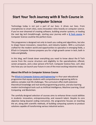 Start Your Tech Journey with B Tech Course in Computer Science