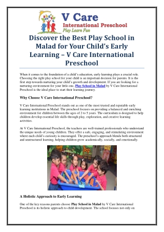 V Care International Preschool: The Leading Play School in Malad
