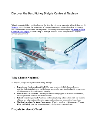 Discover the Best Kidney Dialysis Centre at Nephrox