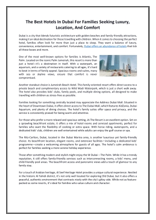 The Best Hotels In Dubai For Families Seeking Luxury, Location, And Comfort