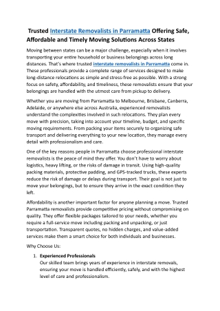 Interstate Removalists in Parramatta